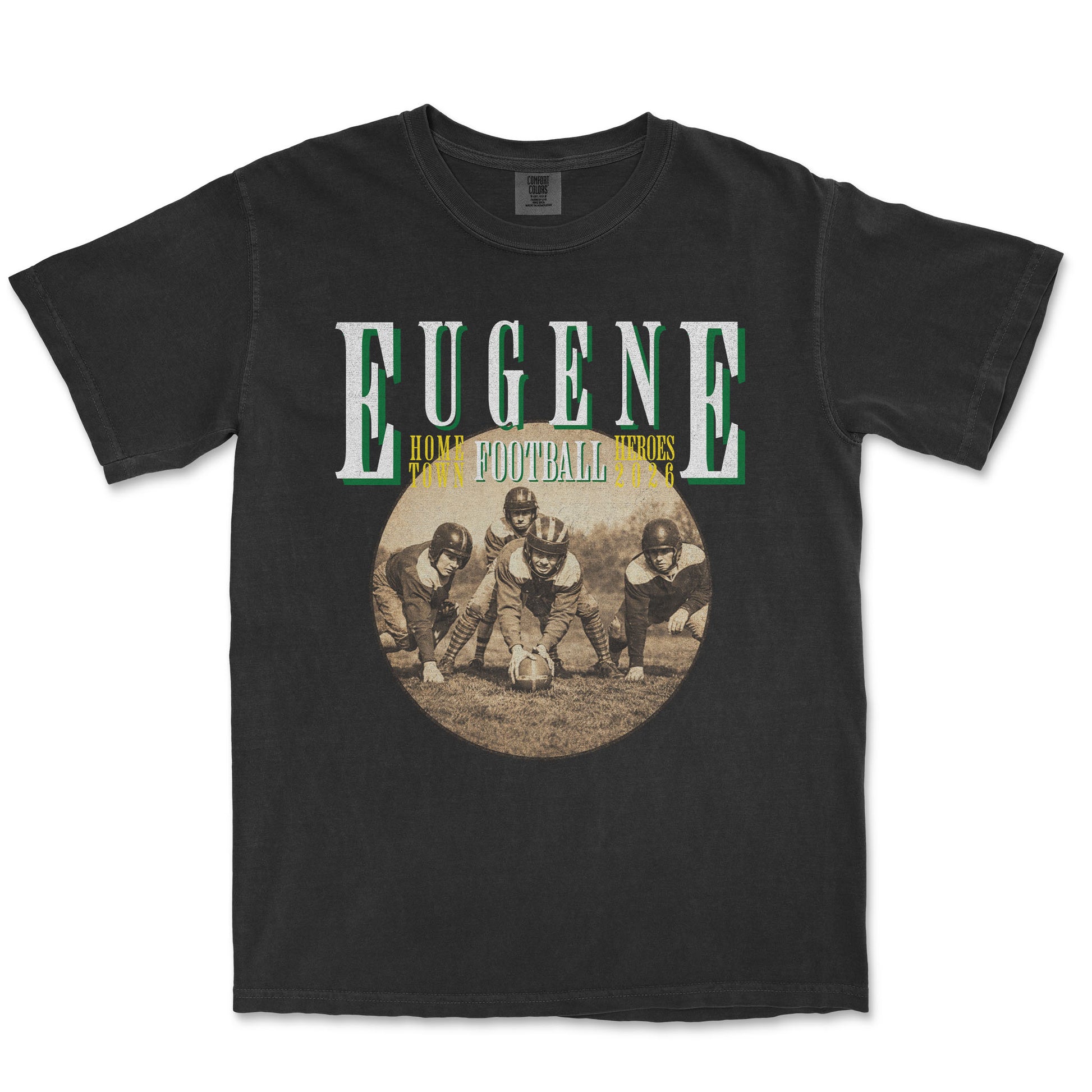Black t-shirt with vintage football graphic and 'Eugene' text on a white background