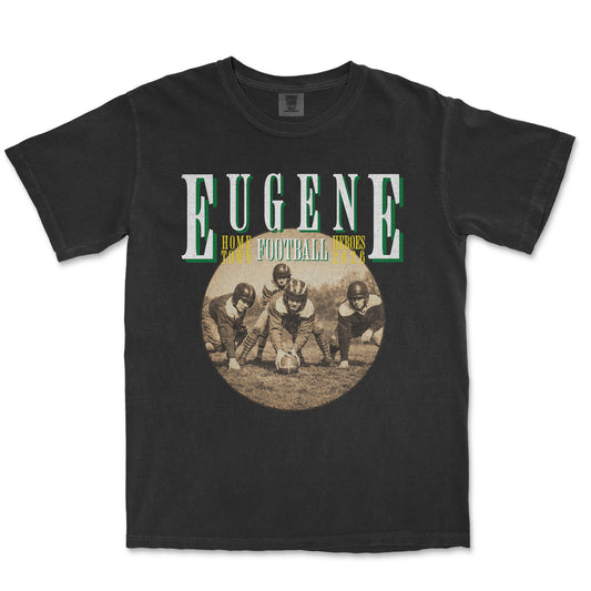 Black t-shirt with vintage football graphic and 'Eugene' text on a white background