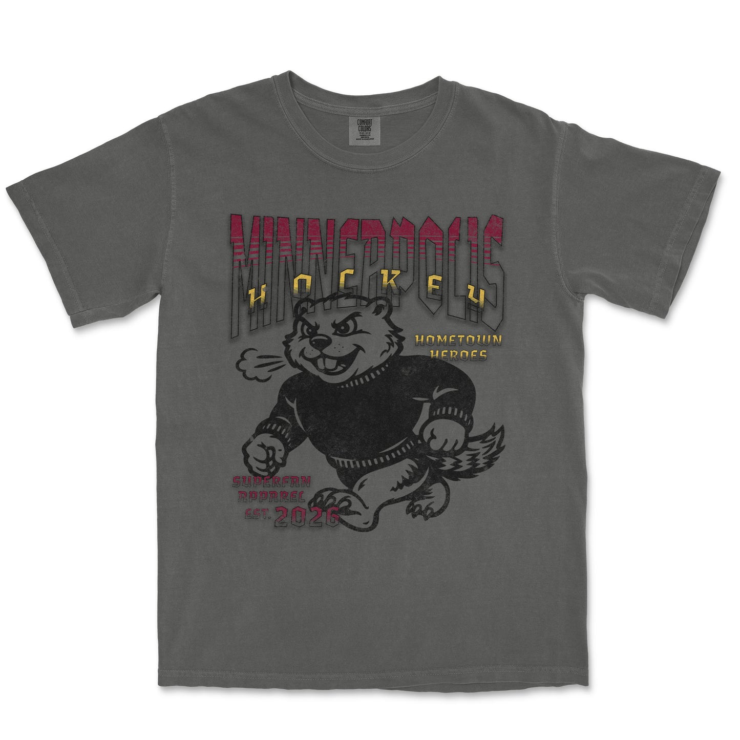 Gray t-shirt with a bear graphic and text on a white background