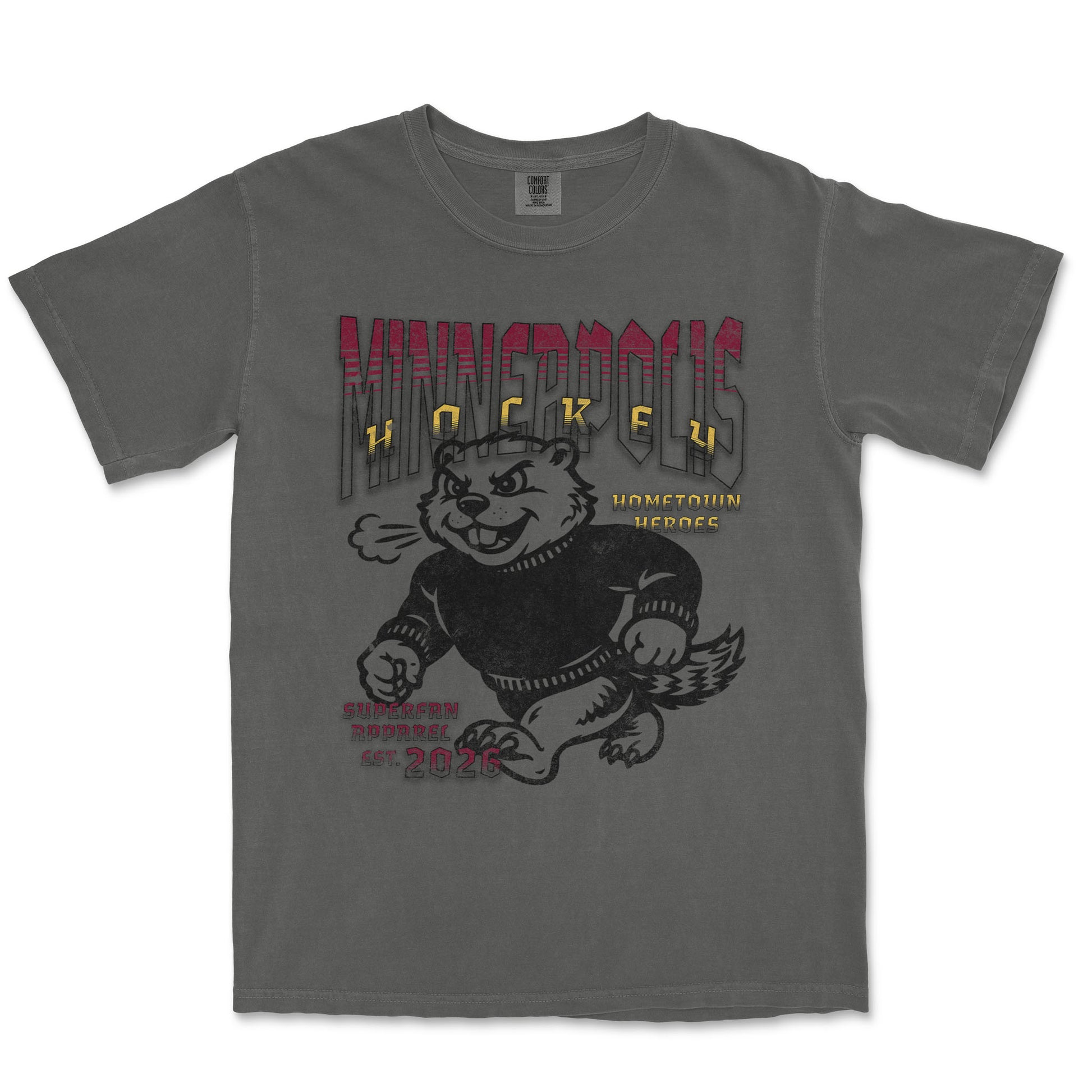 Gray t-shirt with a bear graphic and text on a white background