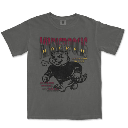 Gray t-shirt with a bear graphic and text on a white background
