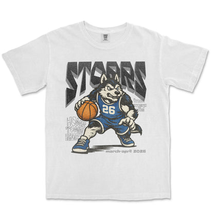 White t-shirt with a cartoon dog holding a basketball and text on a white background