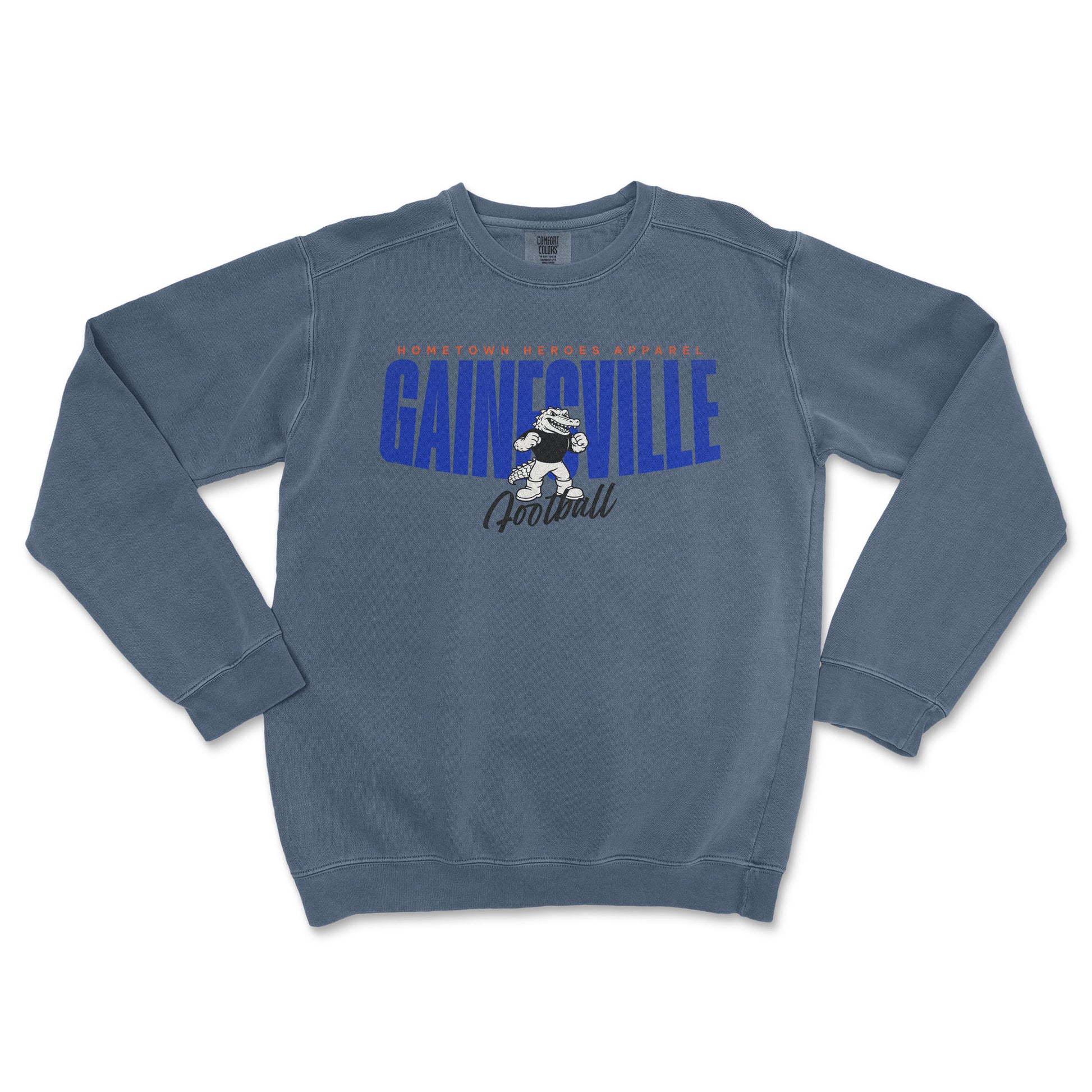 Blue sweatshirt with 'Gainesville Football' text and graphic on a white background