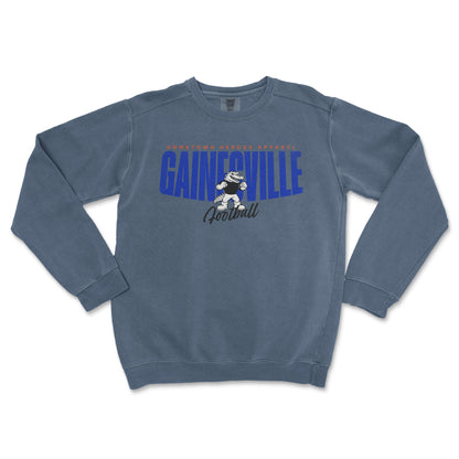 Blue sweatshirt with 'Gainesville Football' text and graphic on a white background