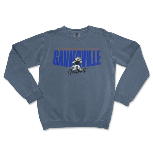 Blue sweatshirt with 'Gainesville Football' text and graphic on a white background