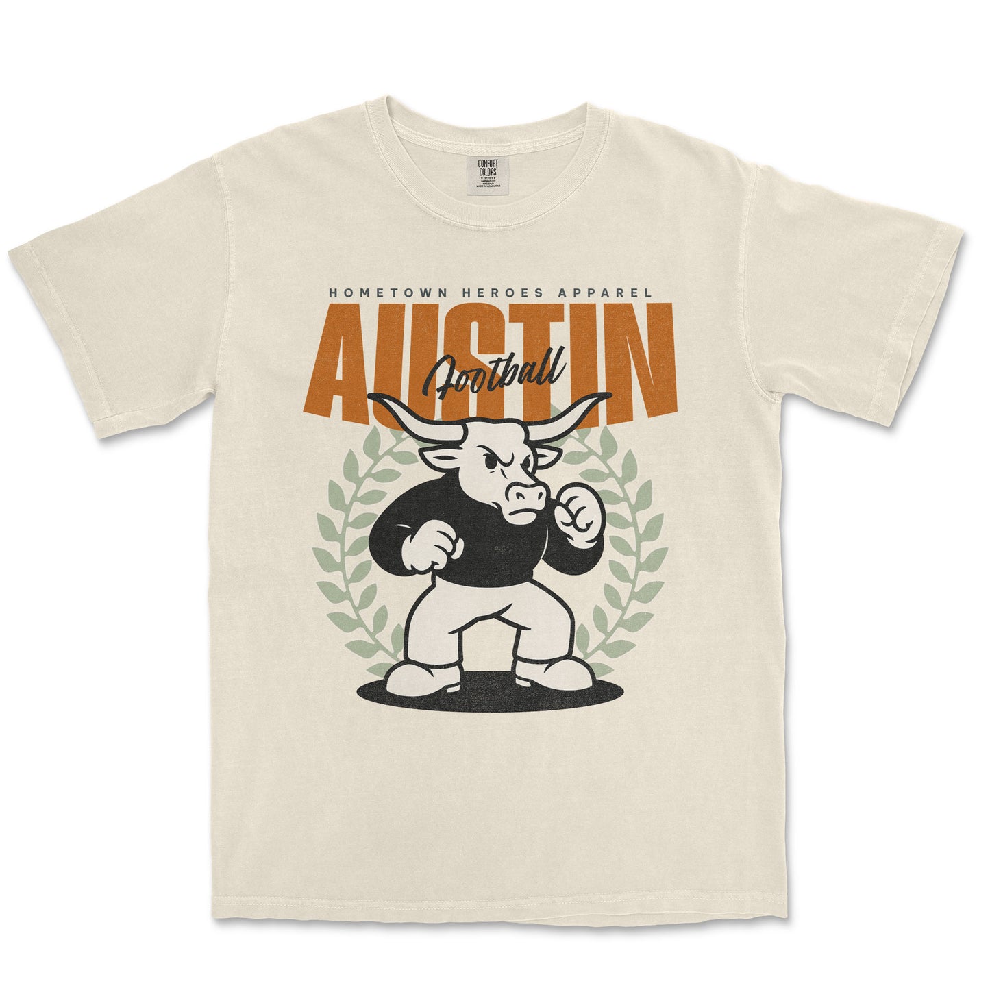 Beige t-shirt with a graphic of a bull and text on a white background
