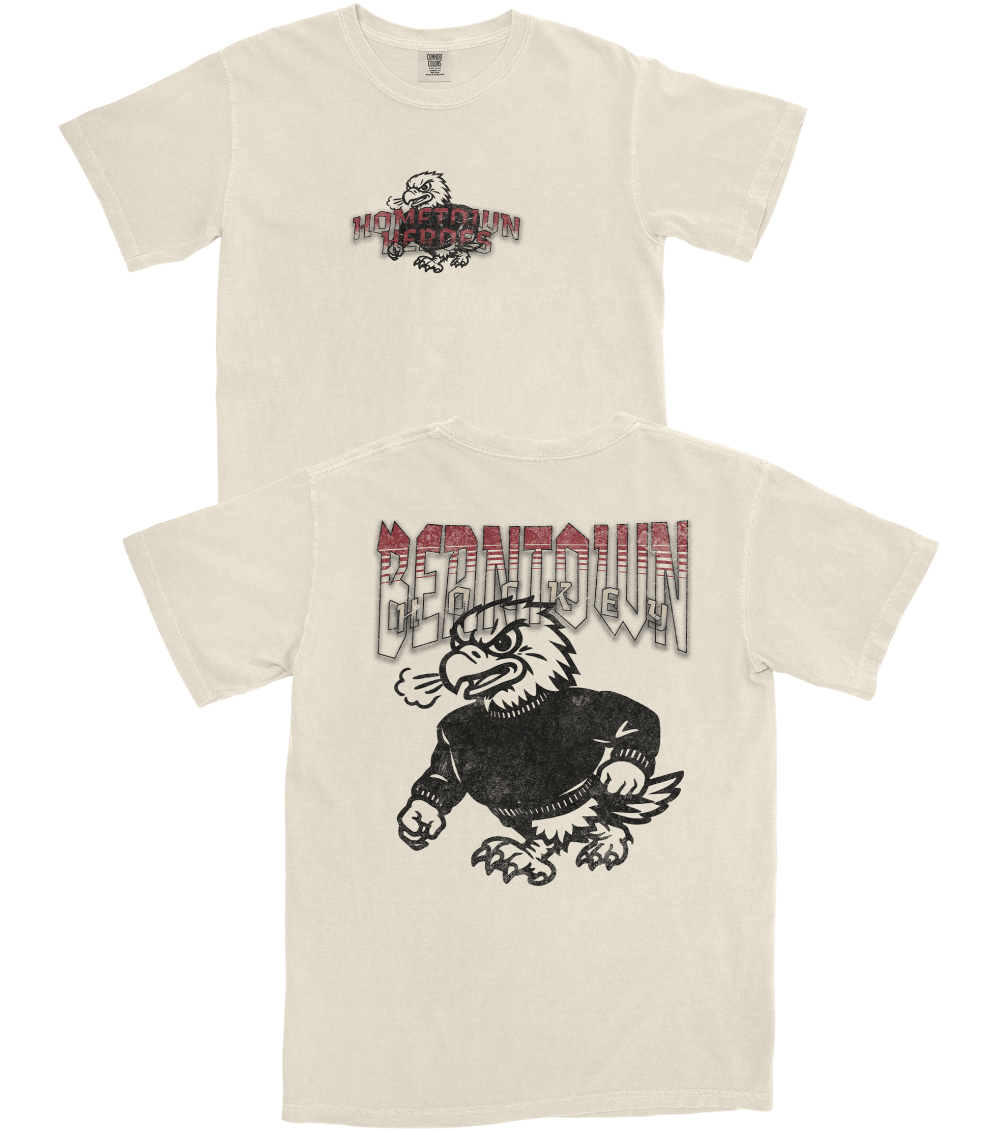 Beige t-shirt with graphic design and text on a white background