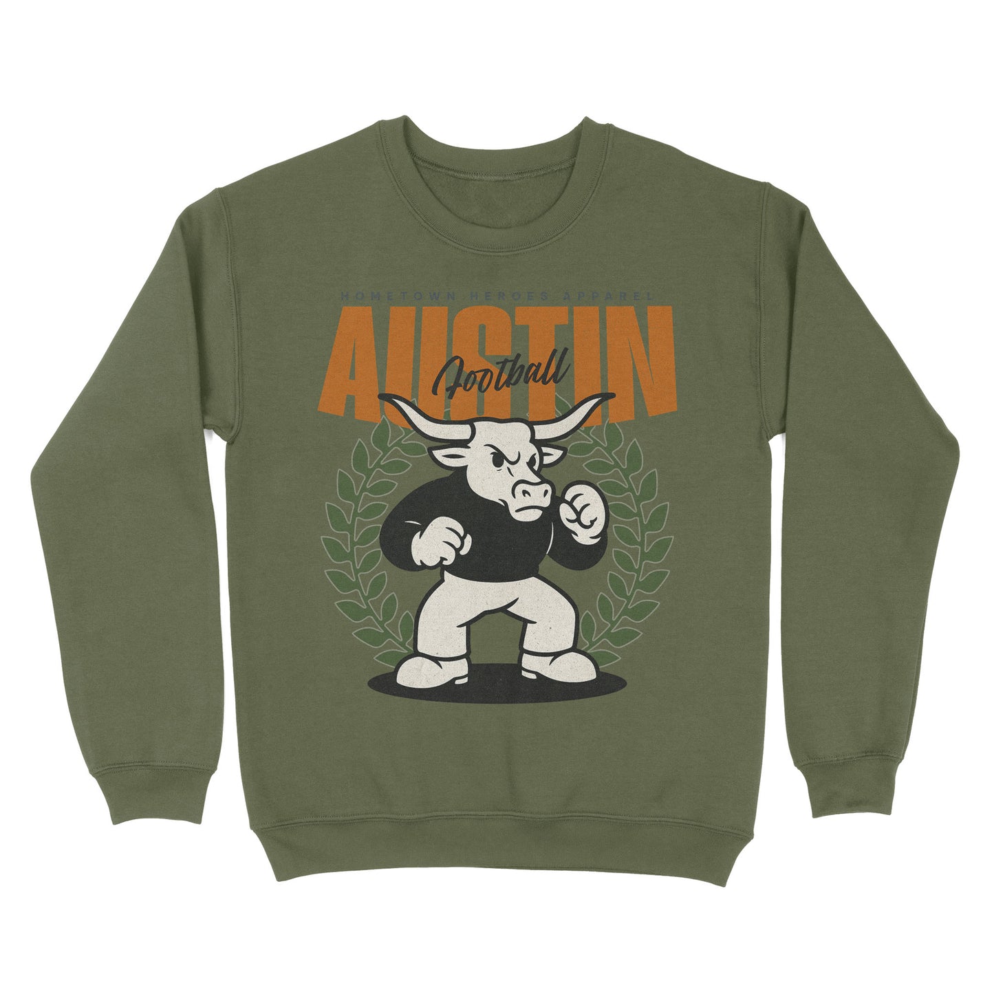 Green sweatshirt with a bull graphic and 'Austin Football' text on a white background