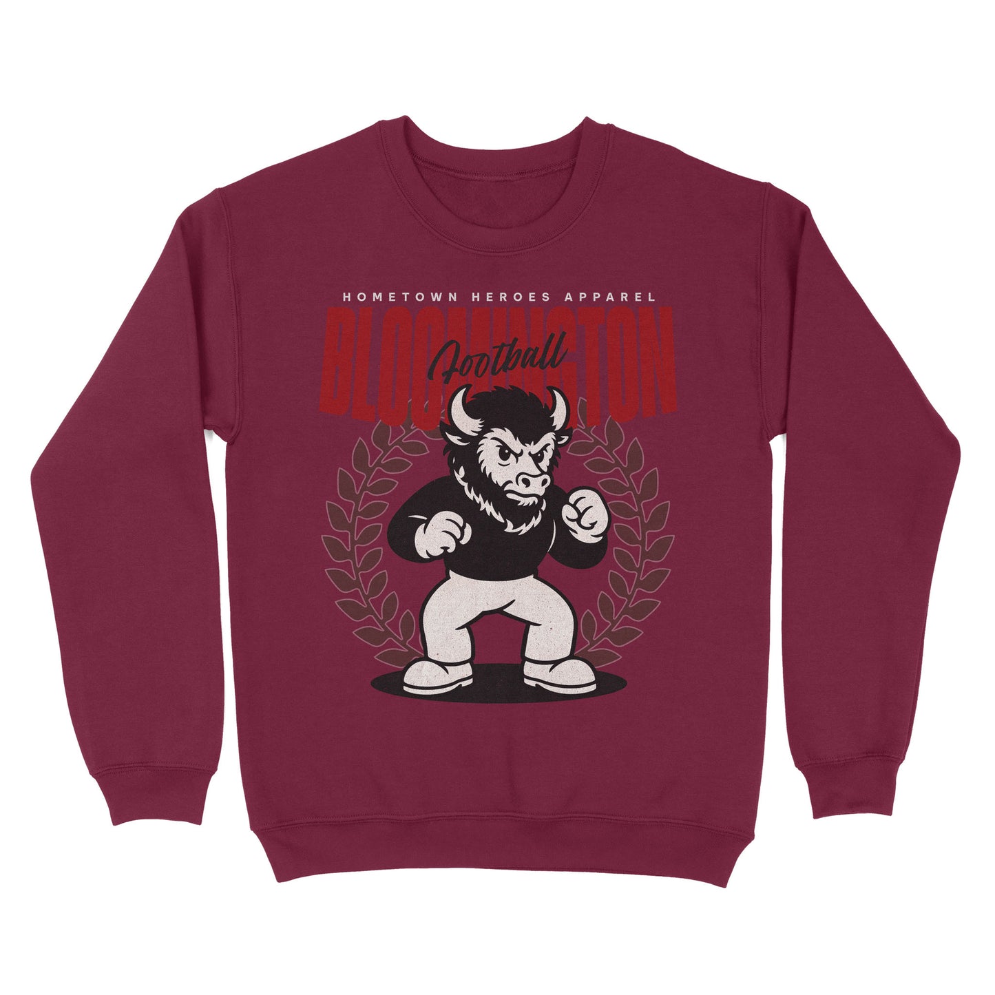 Maroon sweatshirt with a graphic of a bear and text on a white background