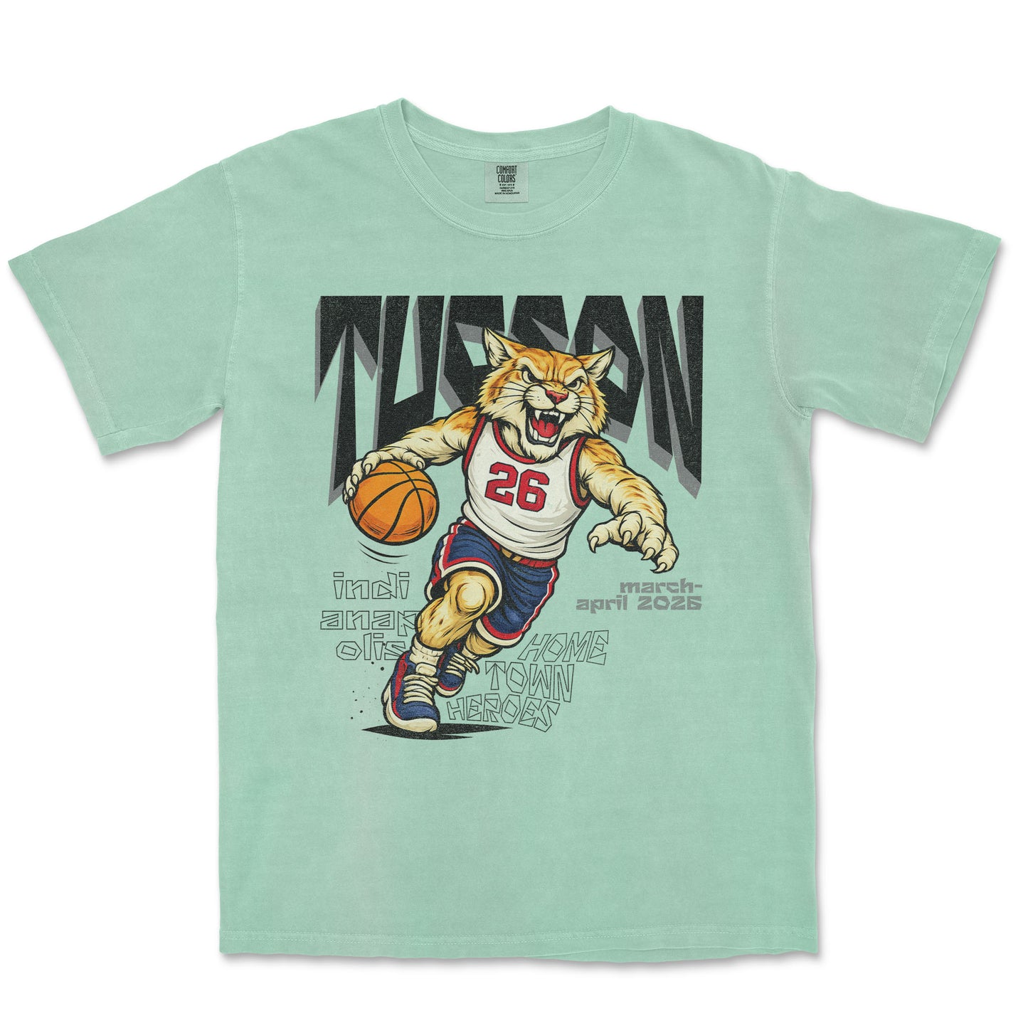 Light green t-shirt with a tiger graphic and text on a white background