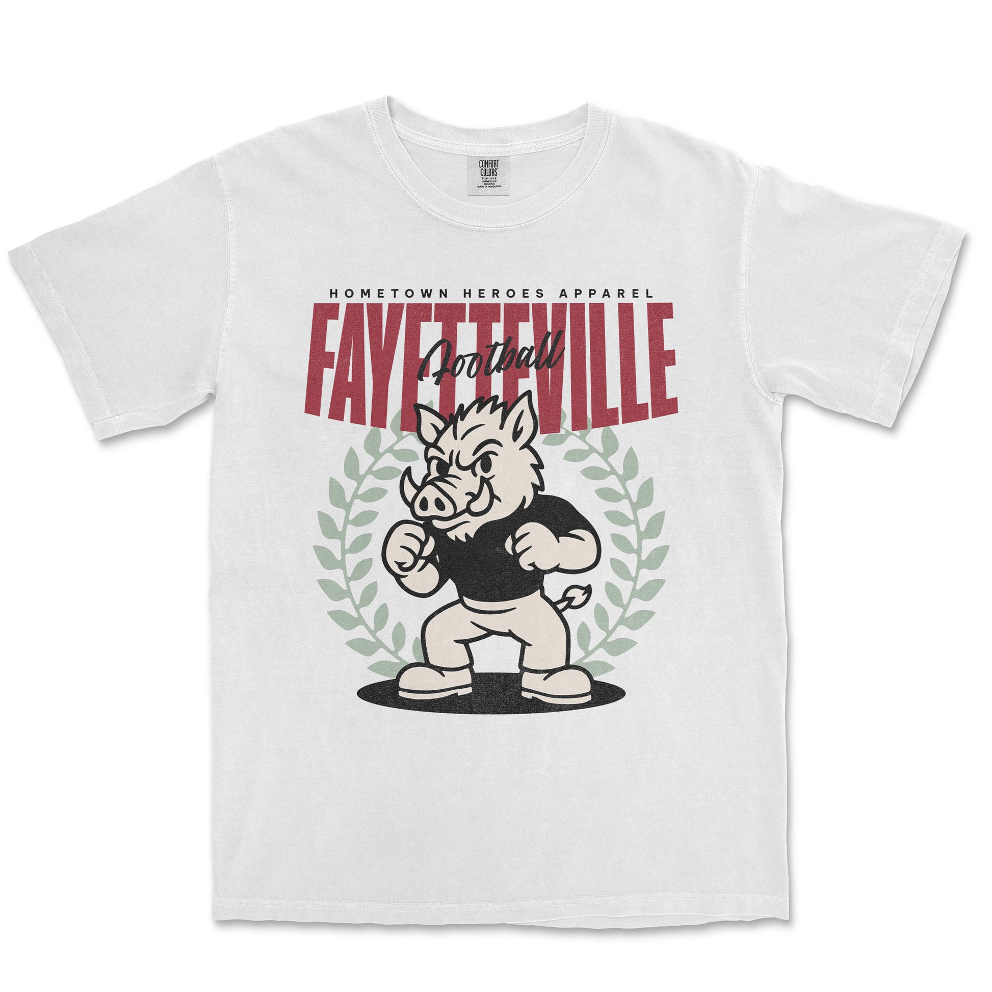 White t-shirt with a graphic of a boar and text 'Fayetteville' on a white background