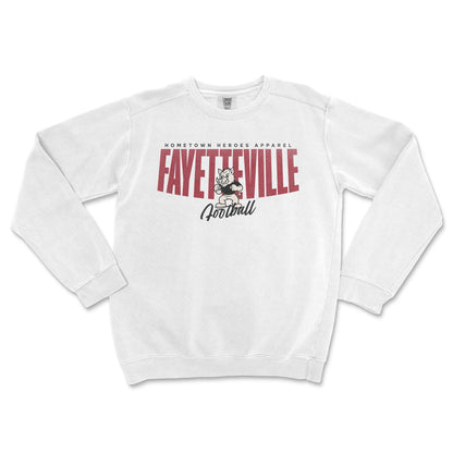 White sweatshirt with 'Fayetteville Football' text and logo on a white background