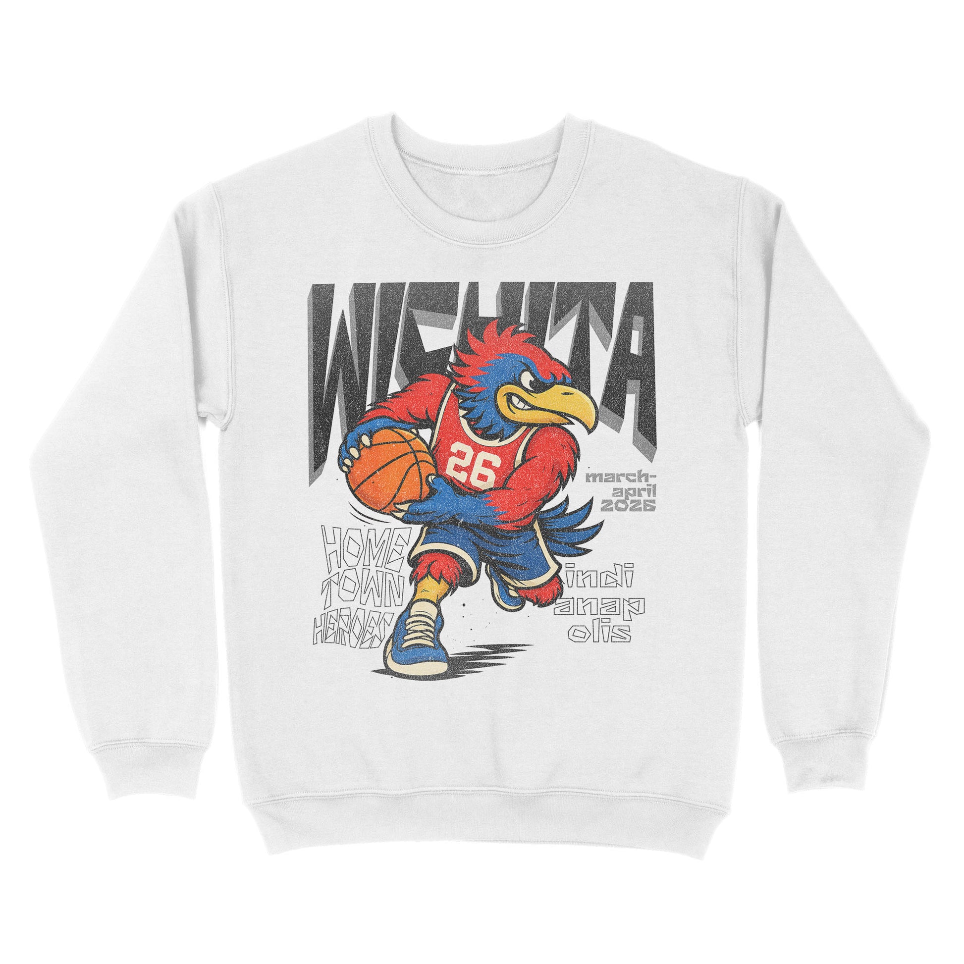 White sweatshirt with a colorful graphic of a mascot holding a basketball and text on a white background