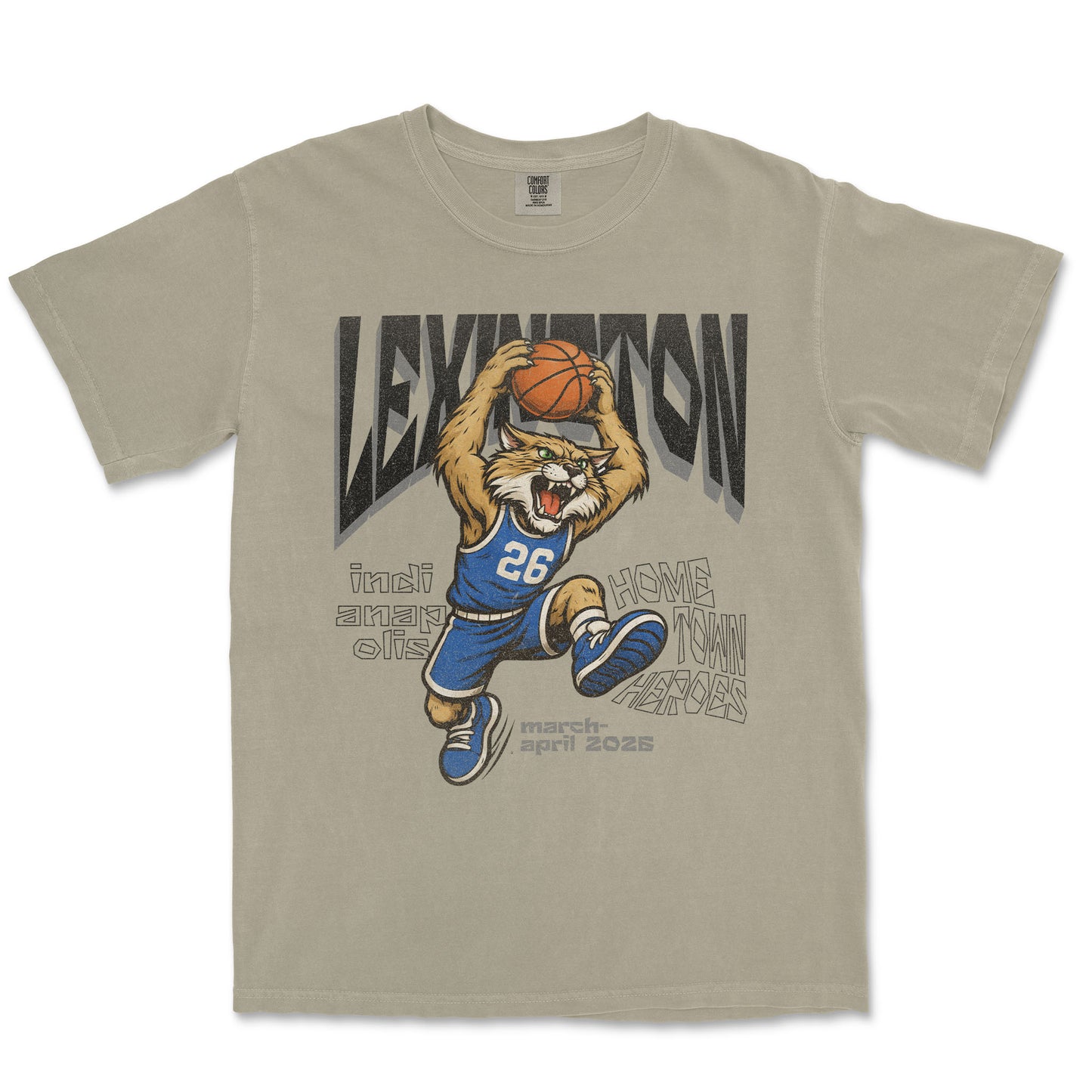 Beige t-shirt with a graphic of a lion playing basketball and text on a white background