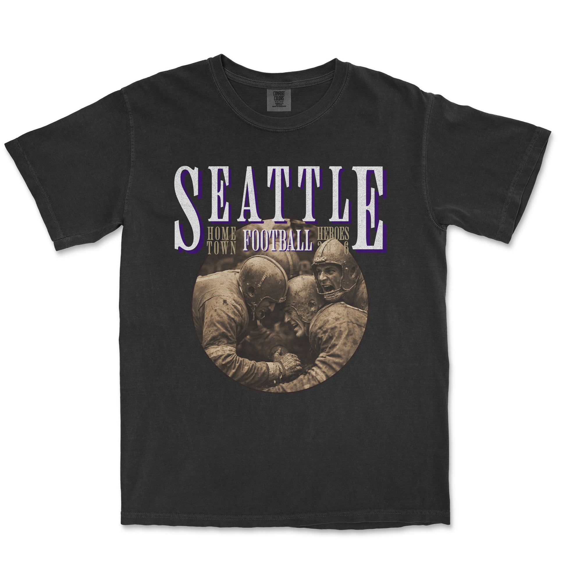 Black t-shirt with 'Seattle Football Heroes' graphic on a white background