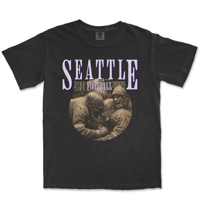 Black t-shirt with 'Seattle Football Heroes' graphic on a white background