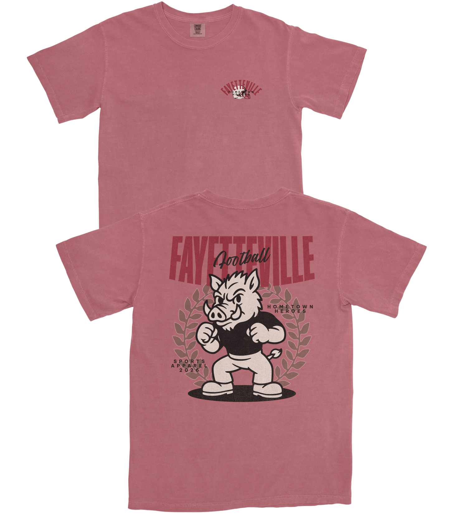 Red t-shirt with graphic design on front and back on a white background