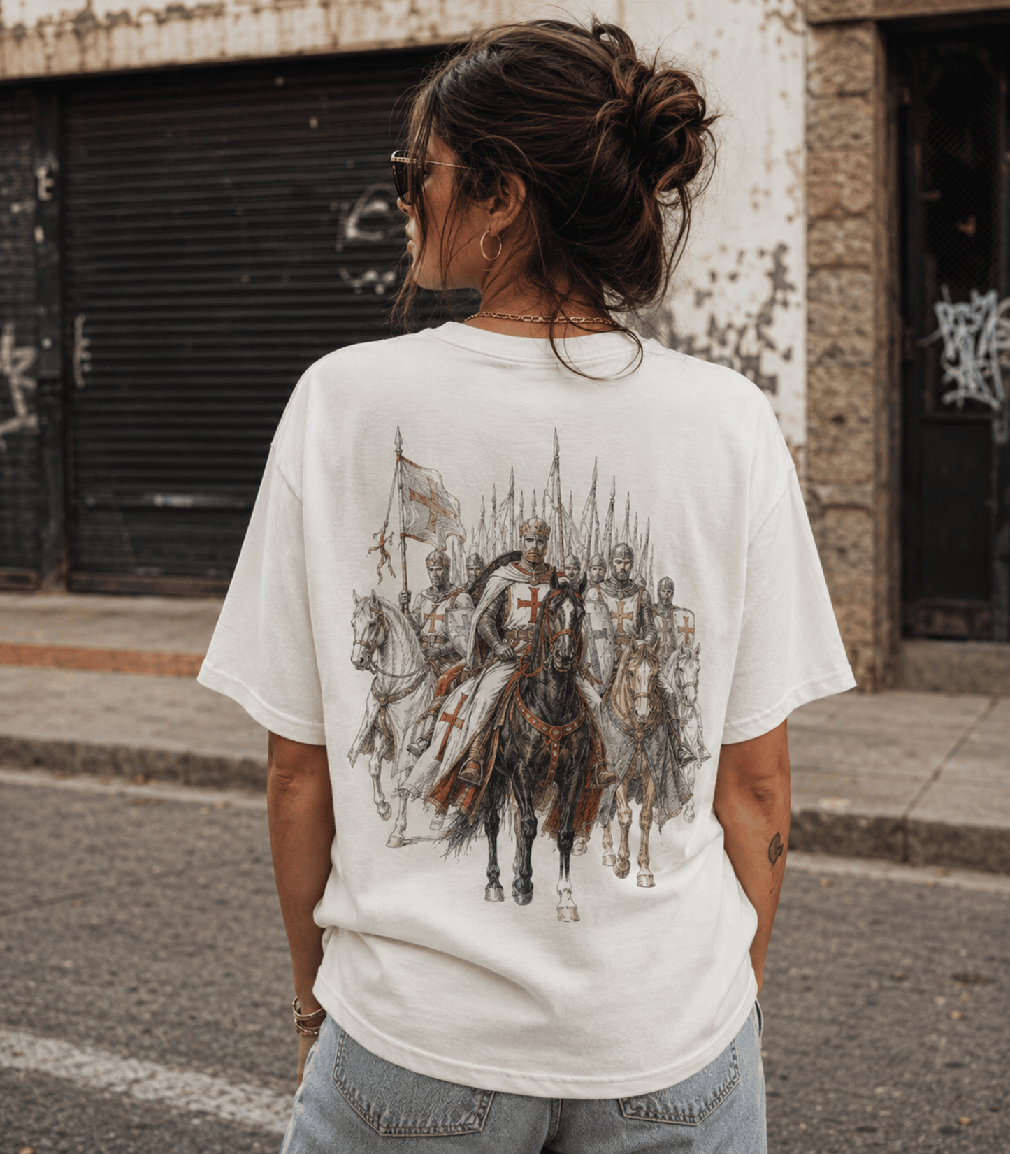 A woman viewed from behind wearing a white graphic t-shirt with a large medieval knight illustration on the back, set against an urban street background.