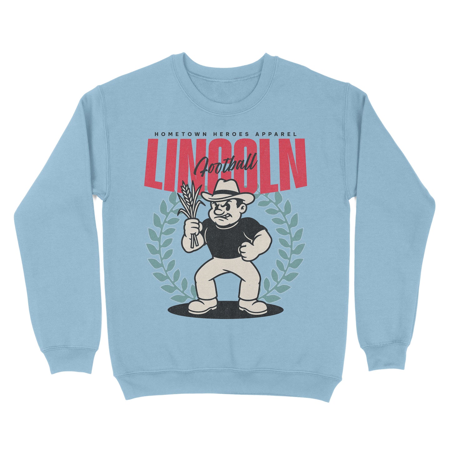 Light blue sweatshirt with cartoon character and 'Lincoln' text on a white background