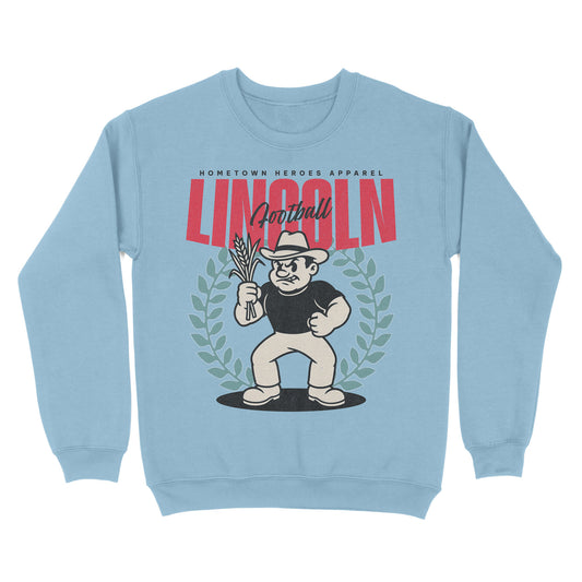 Light blue sweatshirt with cartoon character and 'Lincoln' text on a white background