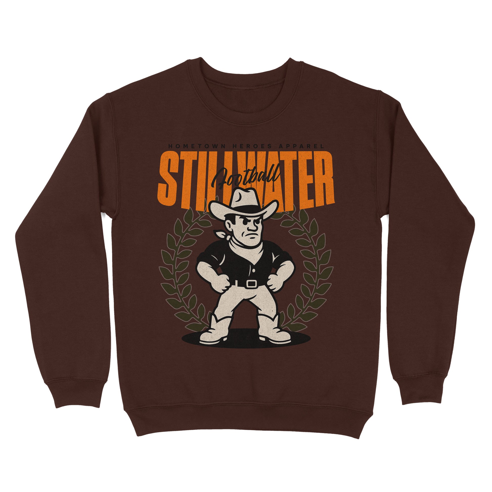 Brown sweatshirt with a graphic of a cowboy and 'Stullhatter' text on a white background