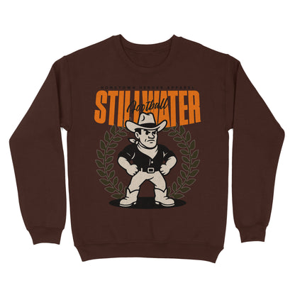 Brown sweatshirt with a graphic of a cowboy and 'Stullhatter' text on a white background