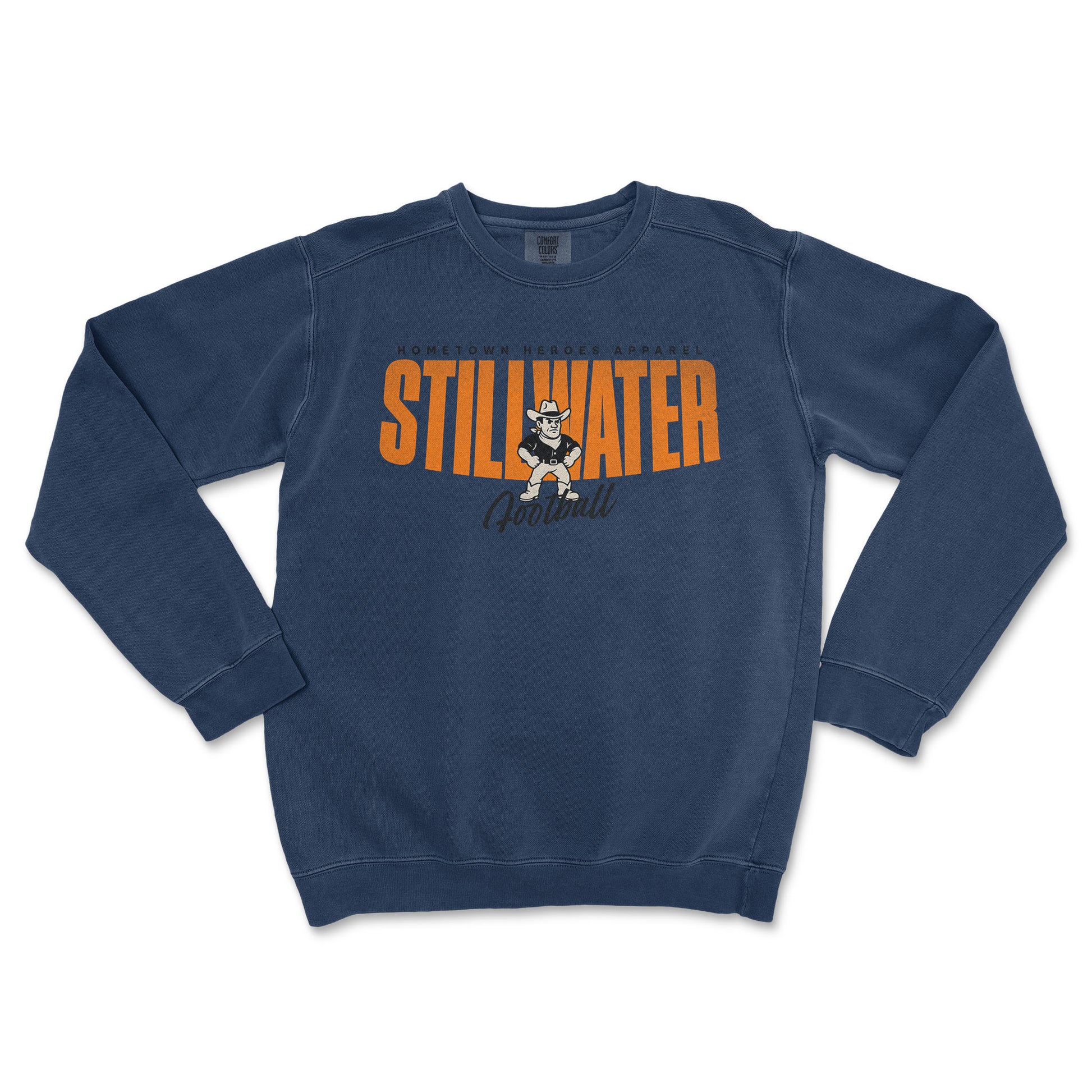 Blue sweatshirt with 'STILLWATER' printed on it against a white background