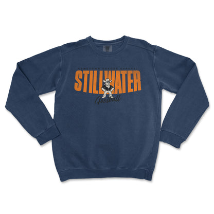 Blue sweatshirt with 'STILLWATER' printed on it against a white background