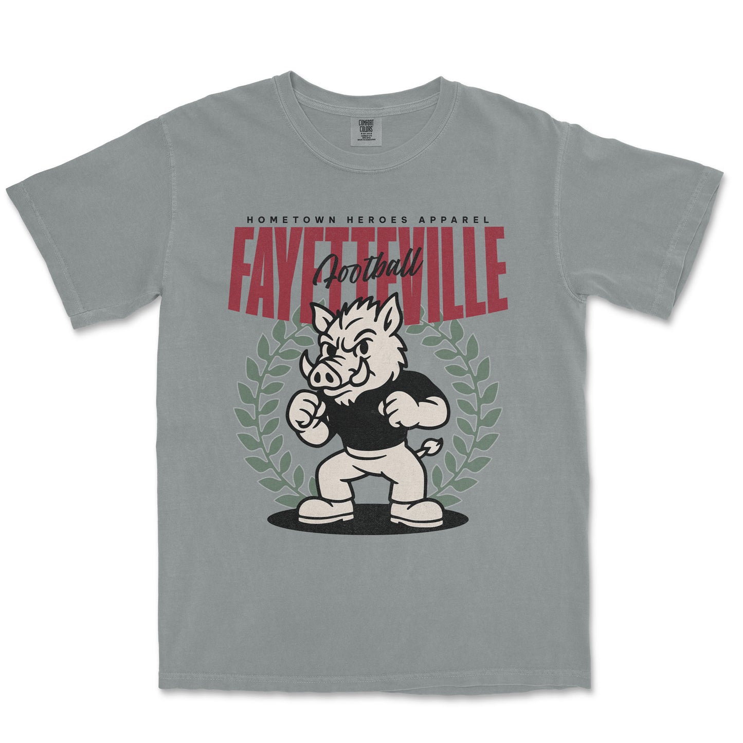 Gray t-shirt with a graphic of a boar and text on a white background