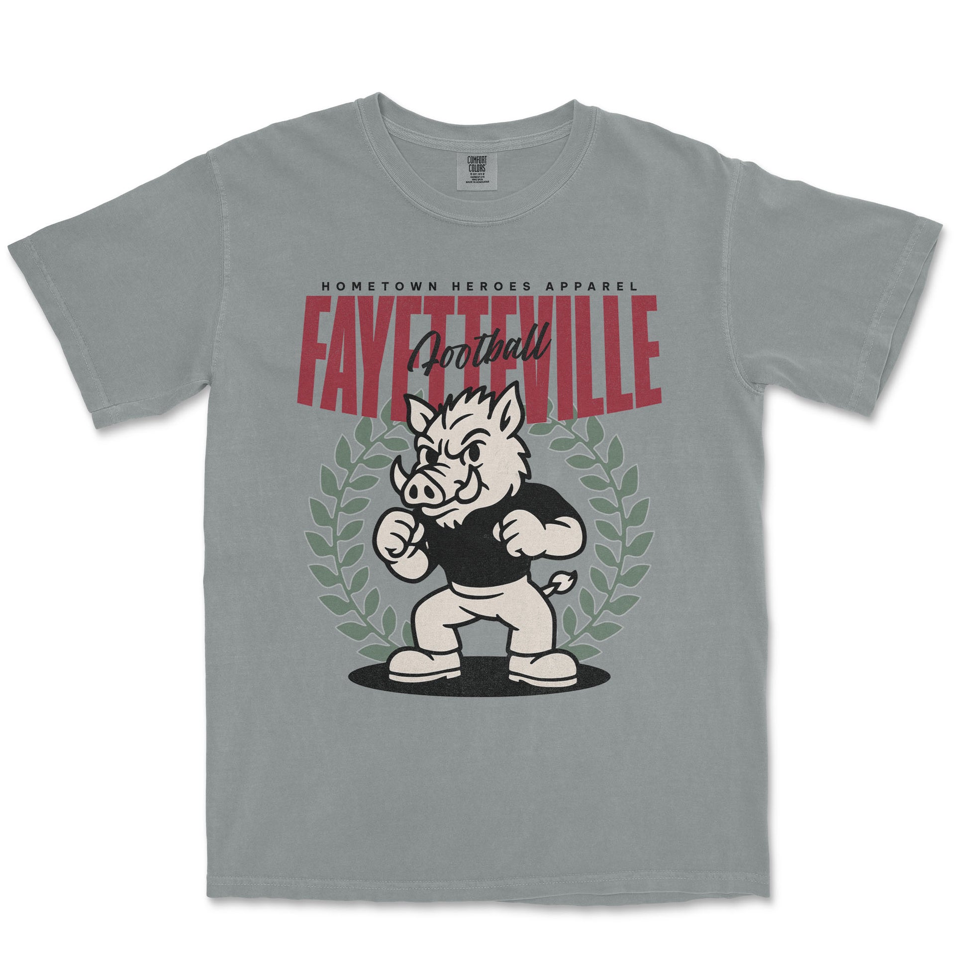 Gray t-shirt with a graphic of a boar and text on a white background
