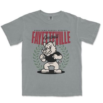 Gray t-shirt with a graphic of a boar and text on a white background