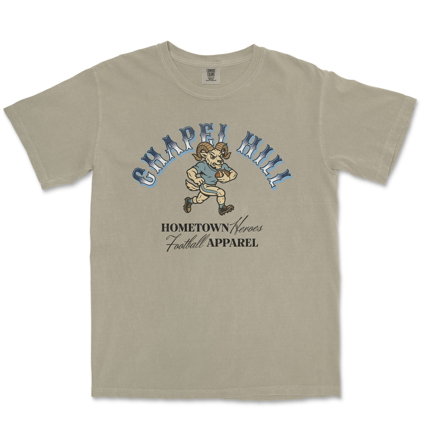 Beige t-shirt with 'Chapel Hill' graphic design on a white background