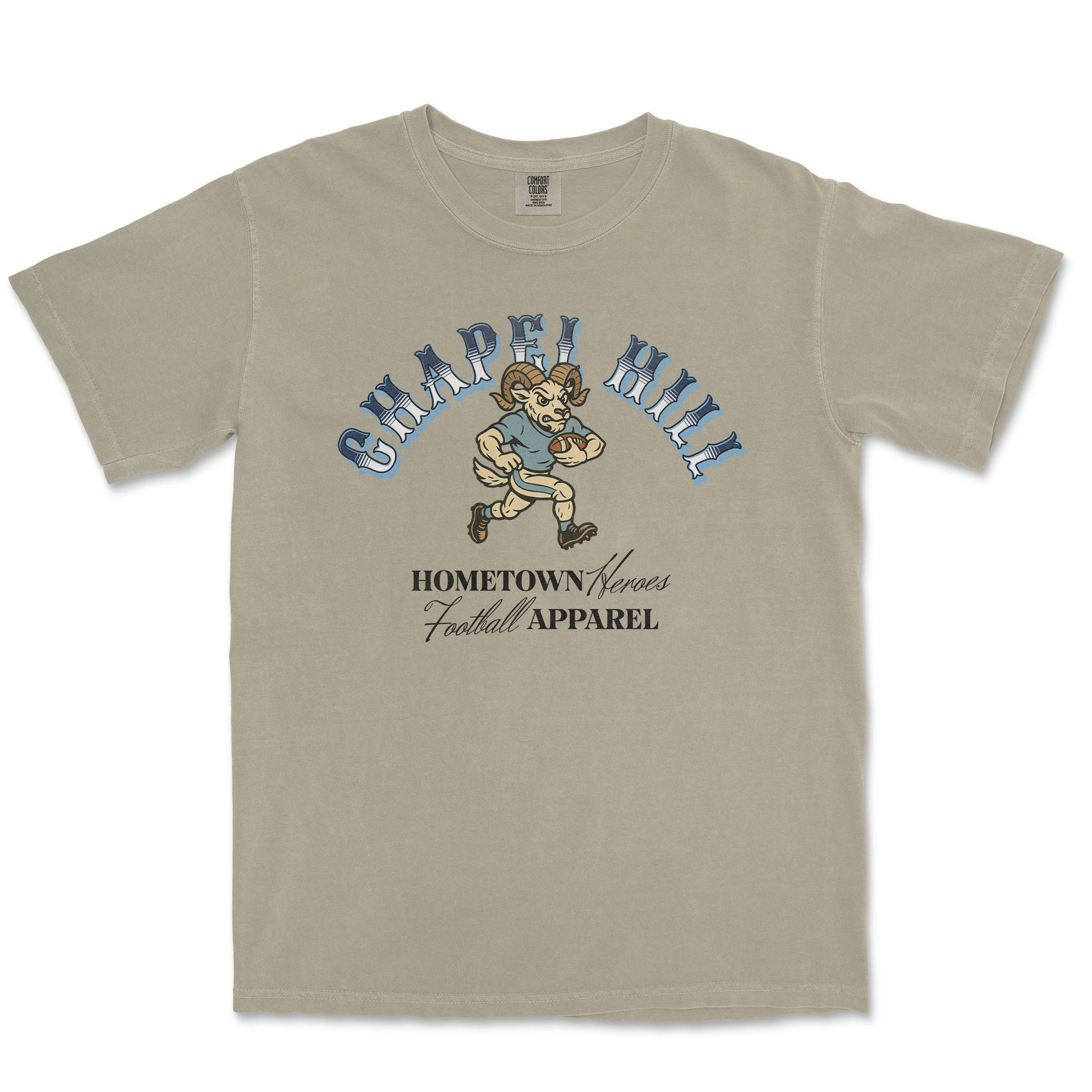 Beige t-shirt with 'Chapel Hill' graphic design on a white background