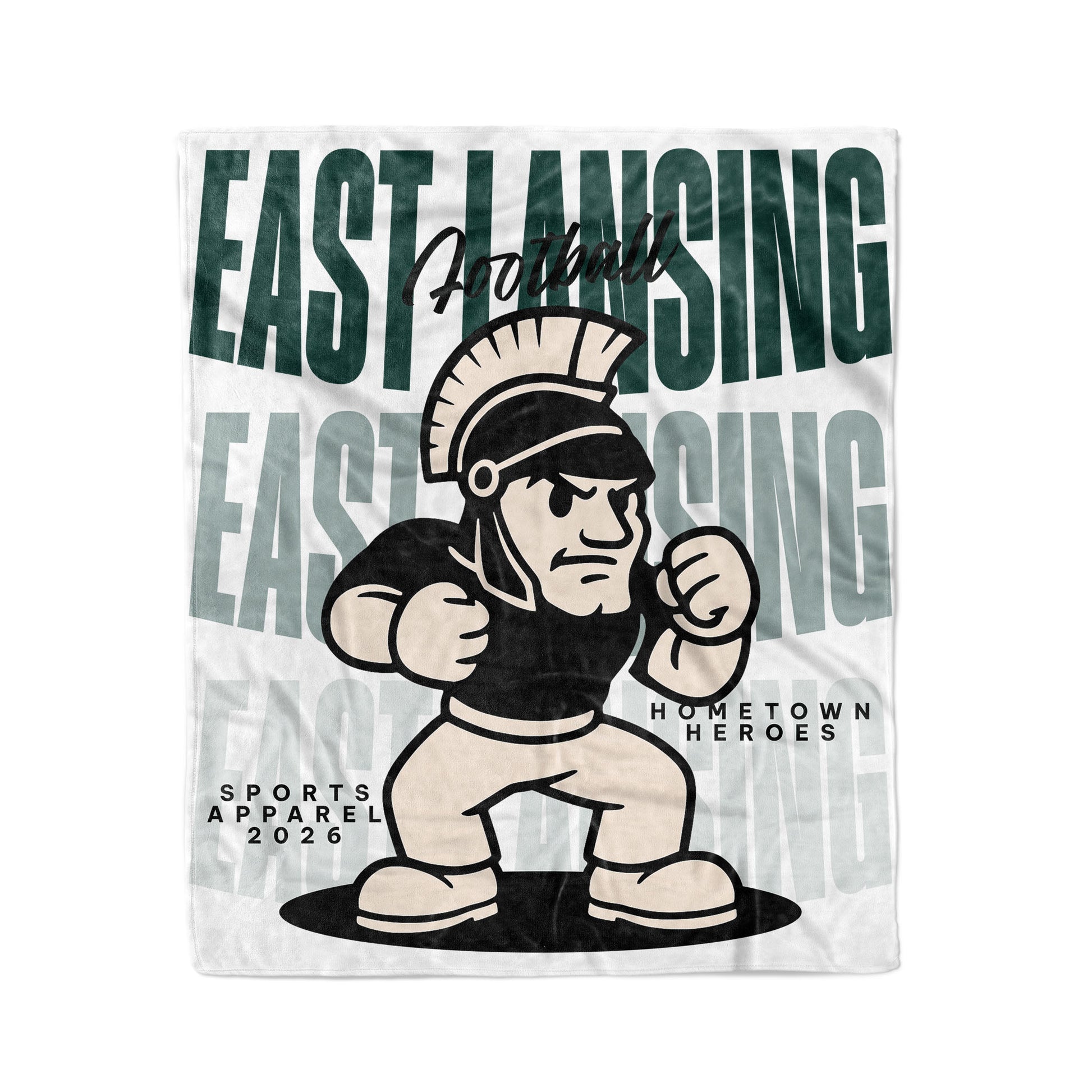Fleece blanket with East Lansing Spartans logo and text on a white background