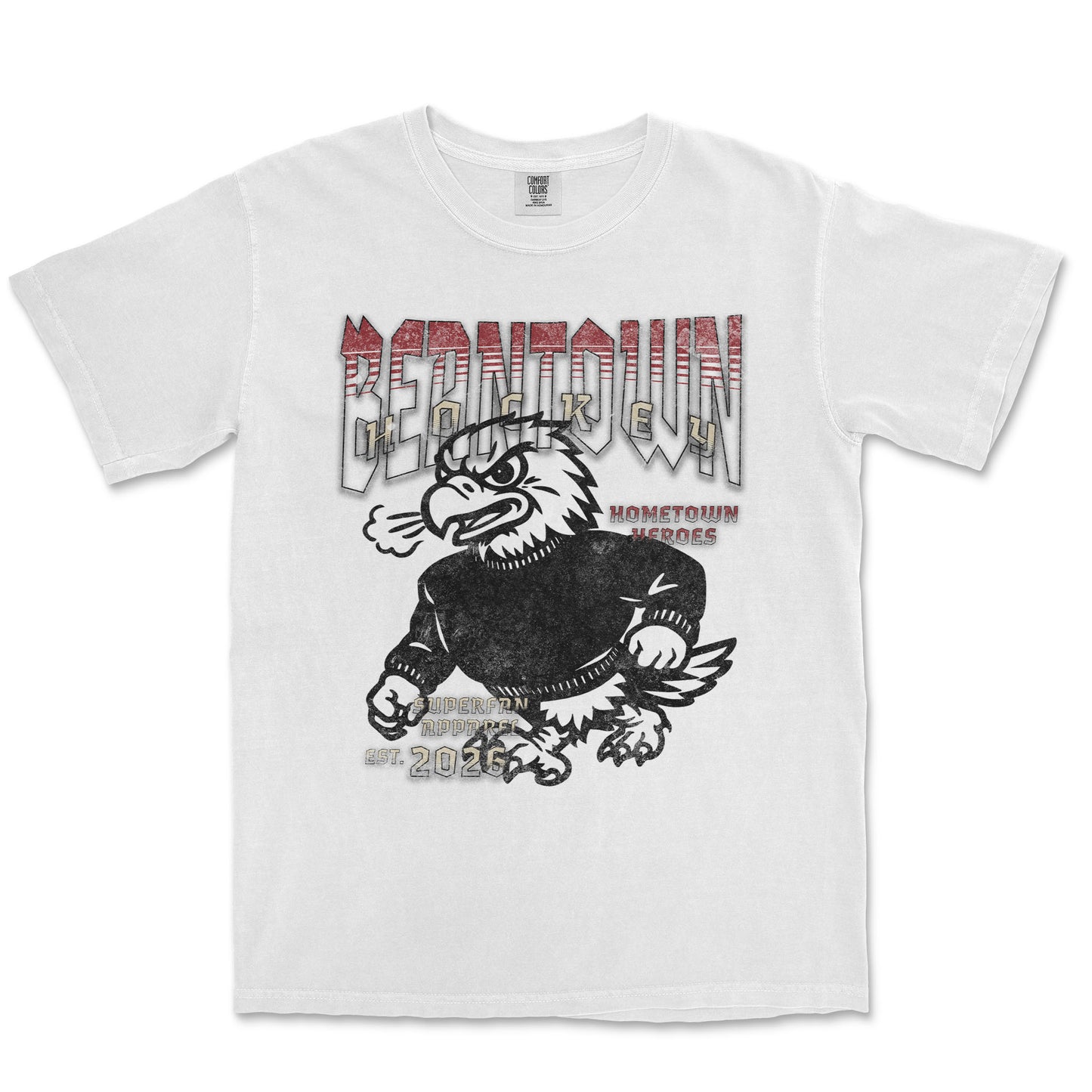 White t-shirt with an eagle graphic and text on a white background