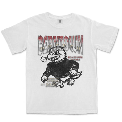 White t-shirt with an eagle graphic and text on a white background