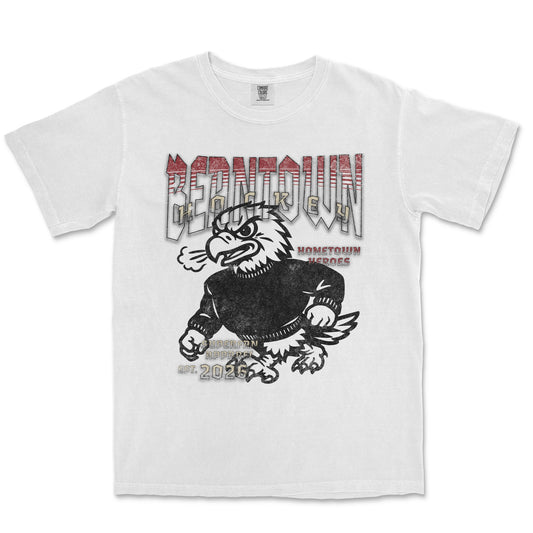 White t-shirt with an eagle graphic and text on a white background