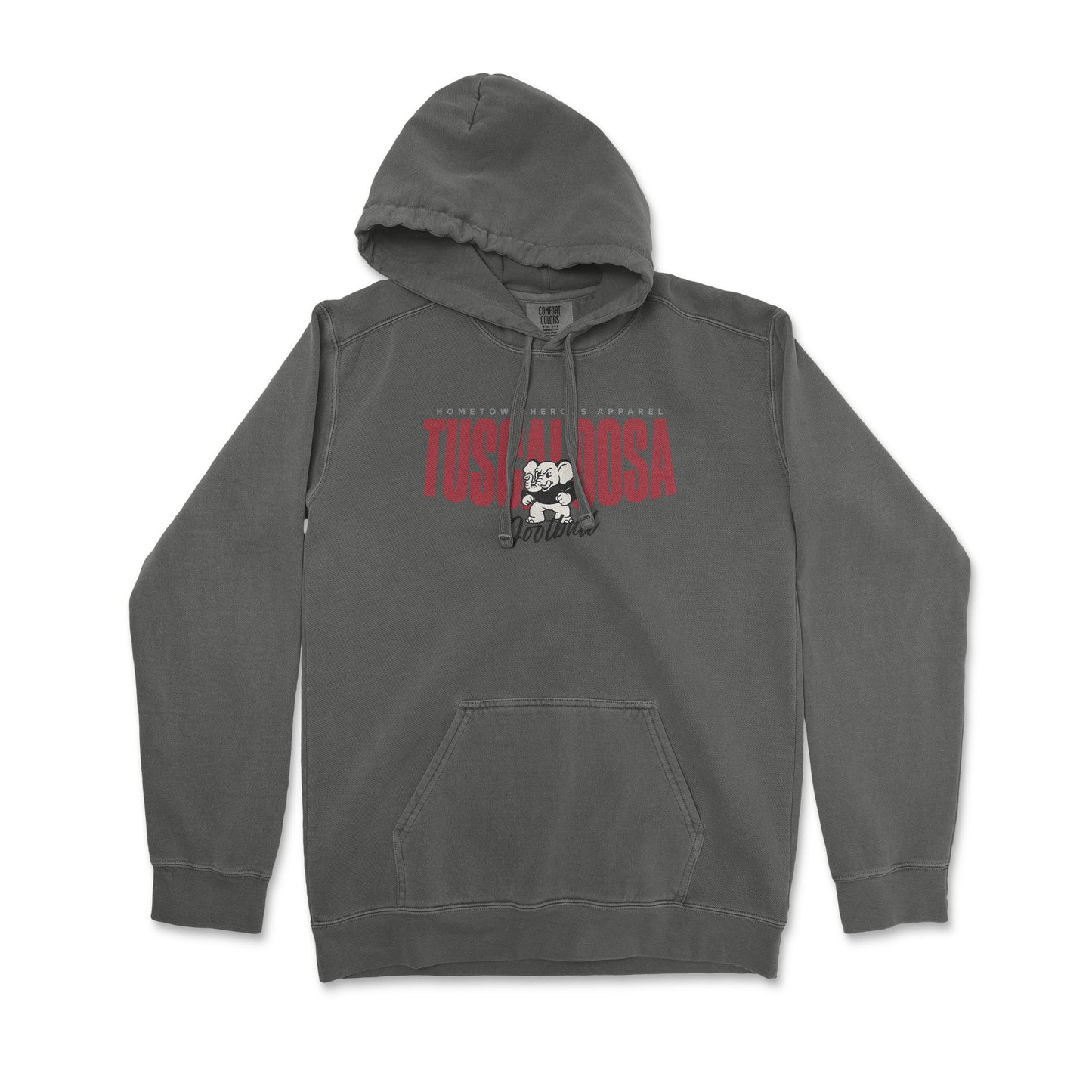 Gray hoodie with a graphic design on a white background