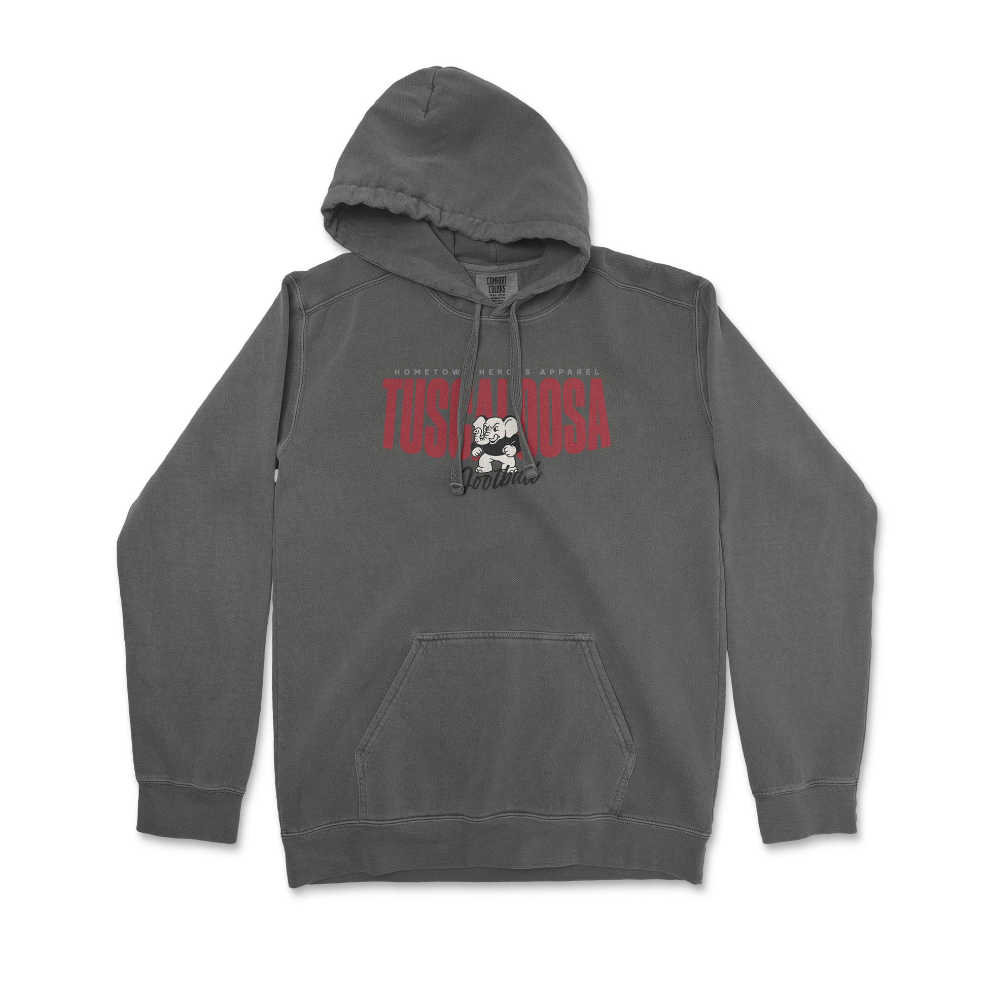 Gray hoodie with a graphic design on a white background