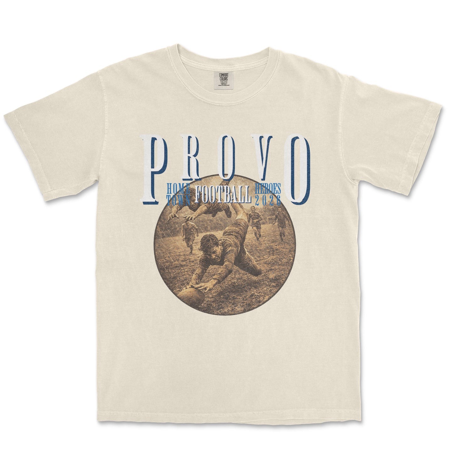 Beige t-shirt with vintage-style graphic and 'PROVO' text on a white background