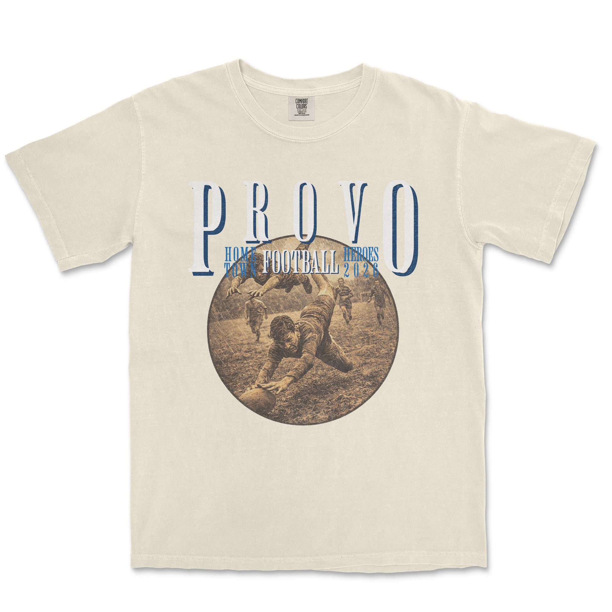 Beige t-shirt with vintage-style graphic and 'PROVO' text on a white background