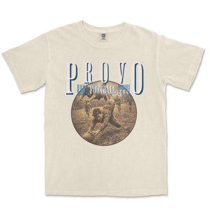 Beige t-shirt with vintage-style graphic and 'PROVO' text on a white background