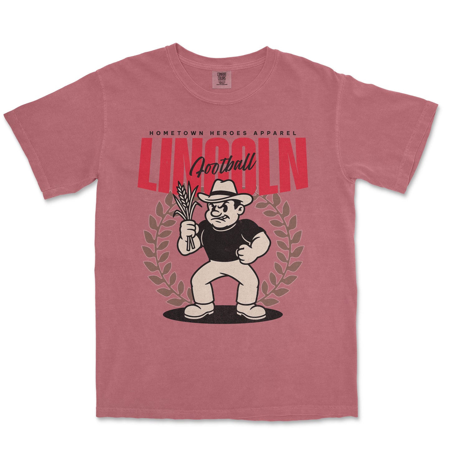 Red t-shirt with a graphic design of a cartoon character holding corn, on a white background