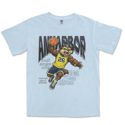 Light blue t-shirt with a bear holding a basketball and 'Ann Arbor' text on a white background