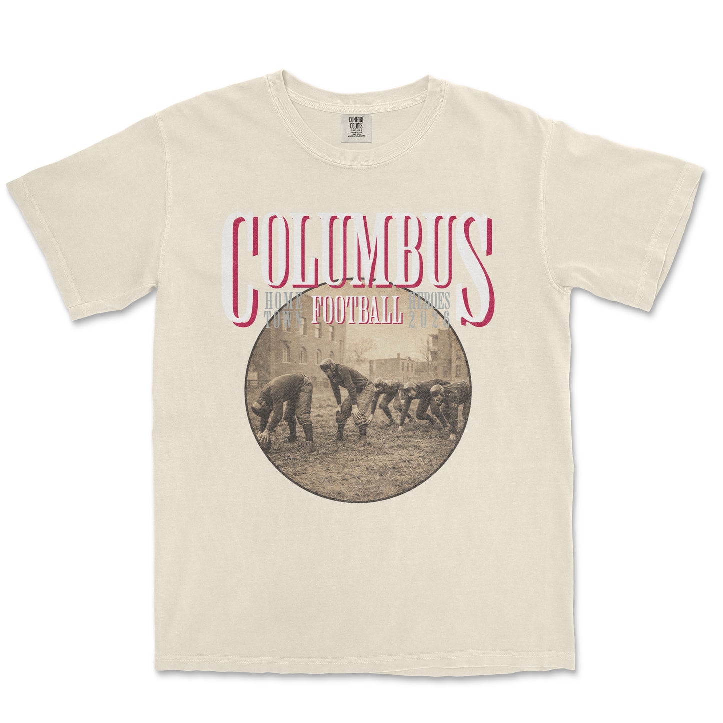Beige t-shirt with 'Columbus Football' graphic on a white background