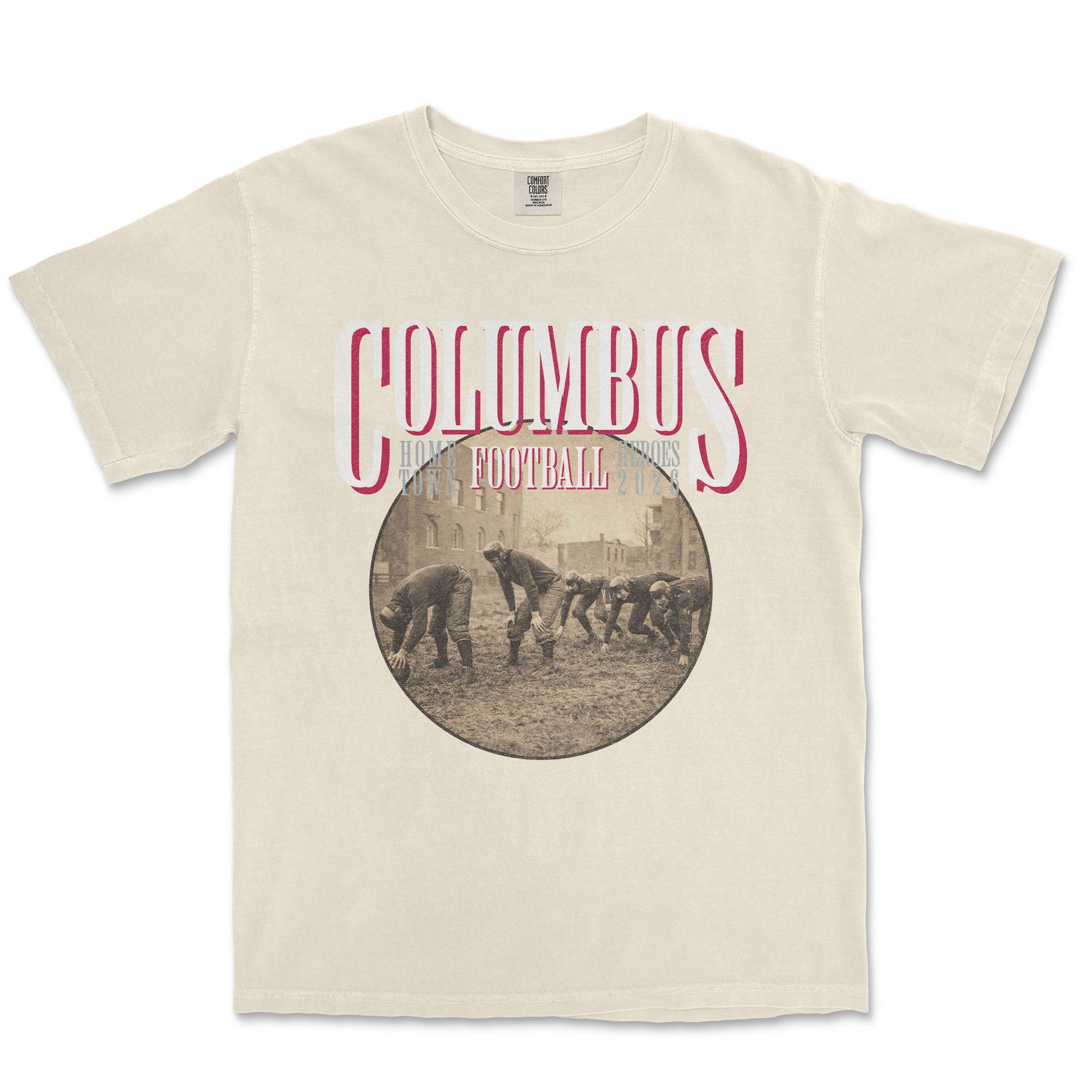 Beige t-shirt with 'Columbus Football' graphic on a white background