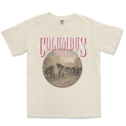 Beige t-shirt with 'Columbus Football' graphic on a white background