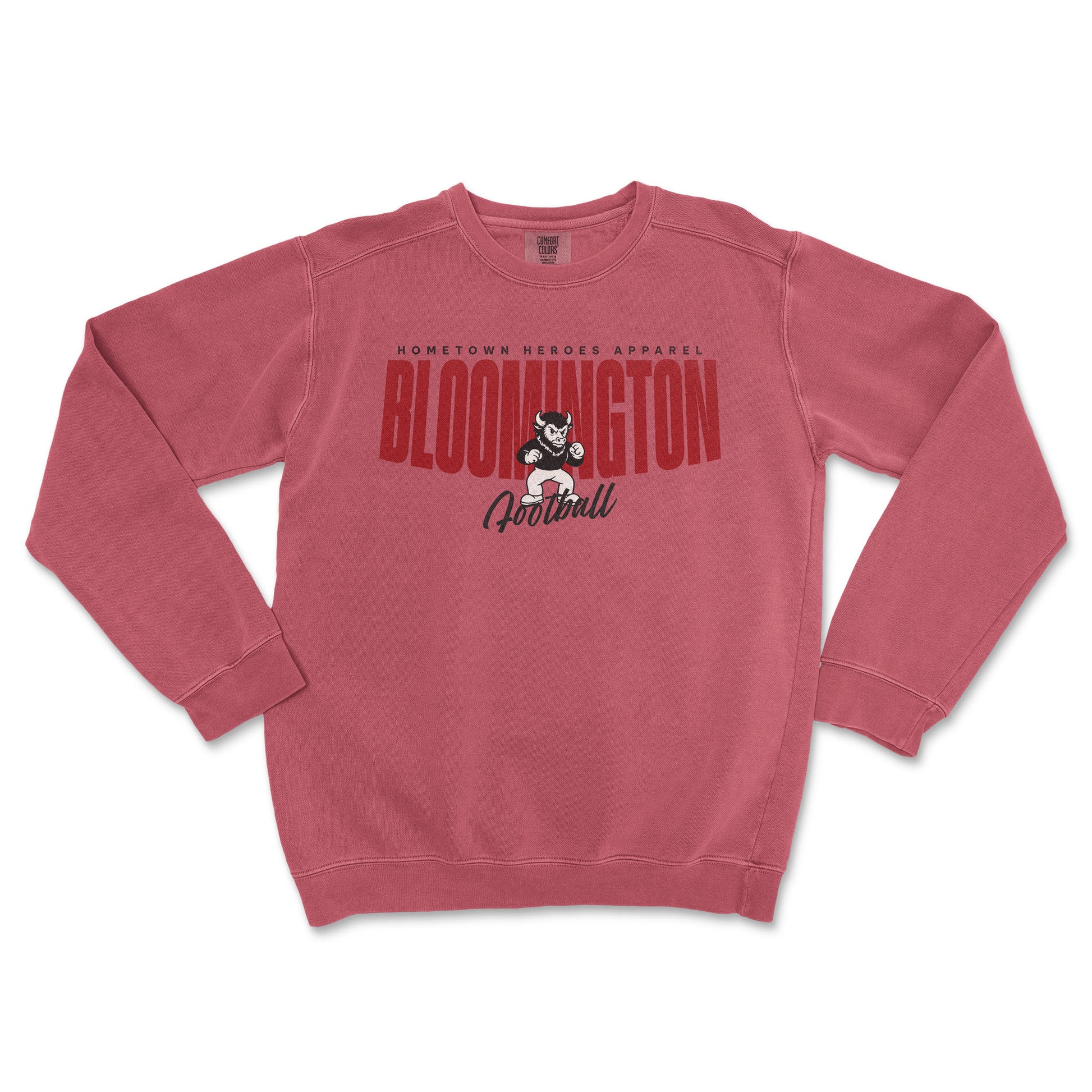 Red sweatshirt with 'Hometown Heroes Apparel' and 'Bloomington Football' text on a white background