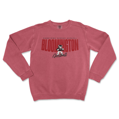 Red sweatshirt with 'Hometown Heroes Apparel' and 'Bloomington Football' text on a white background