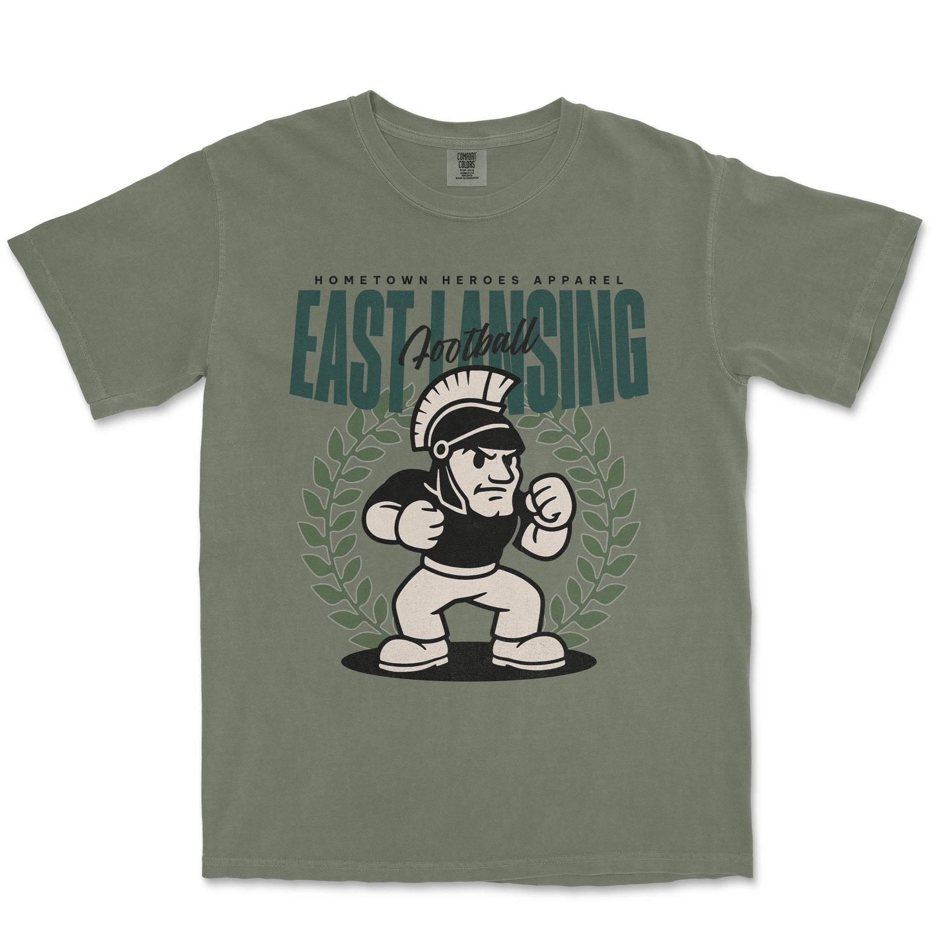 Green t-shirt with a graphic of a Spartan and 'East Lansing Football' text on a white background